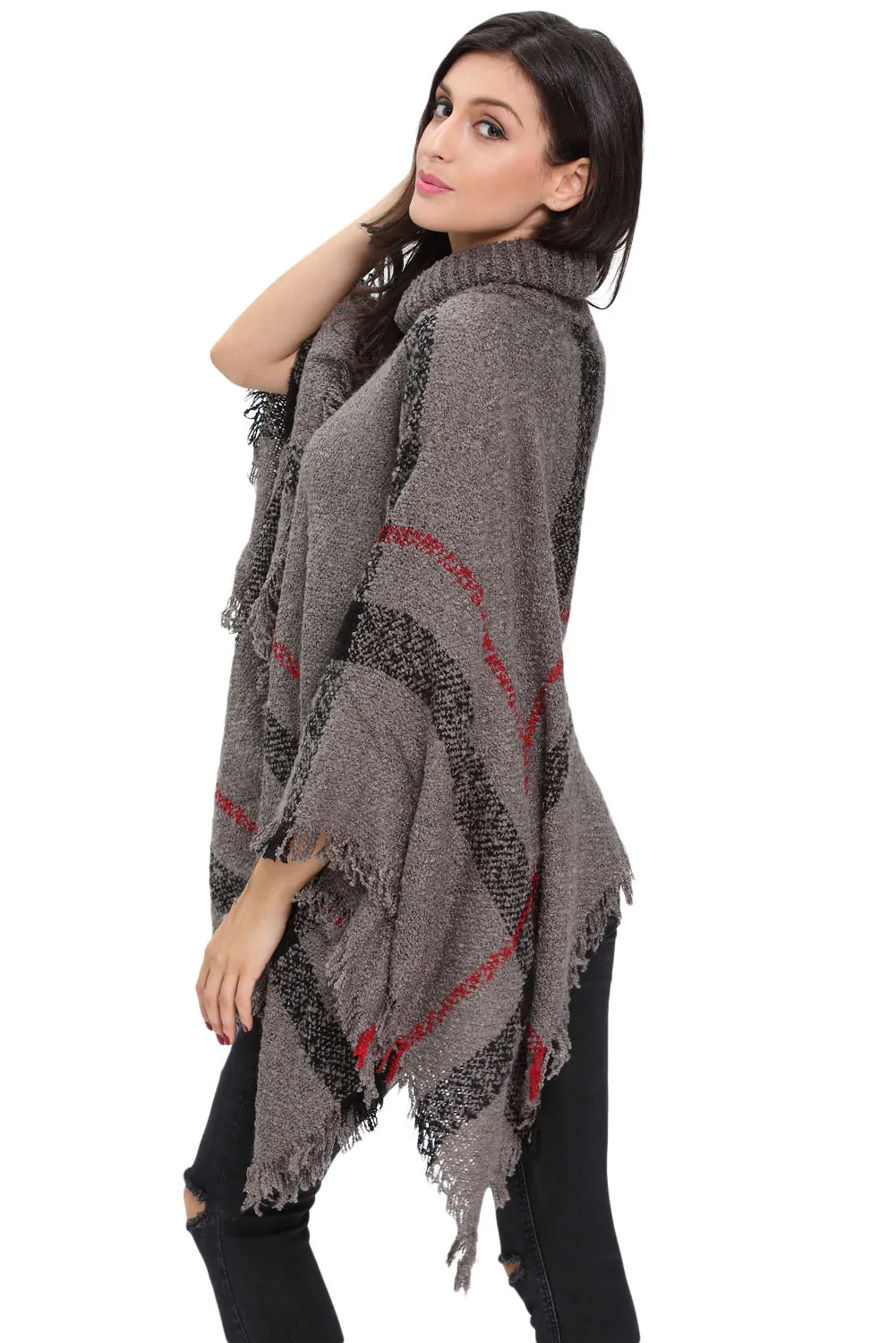 Gray Turtleneck Tassel Cape Sweater