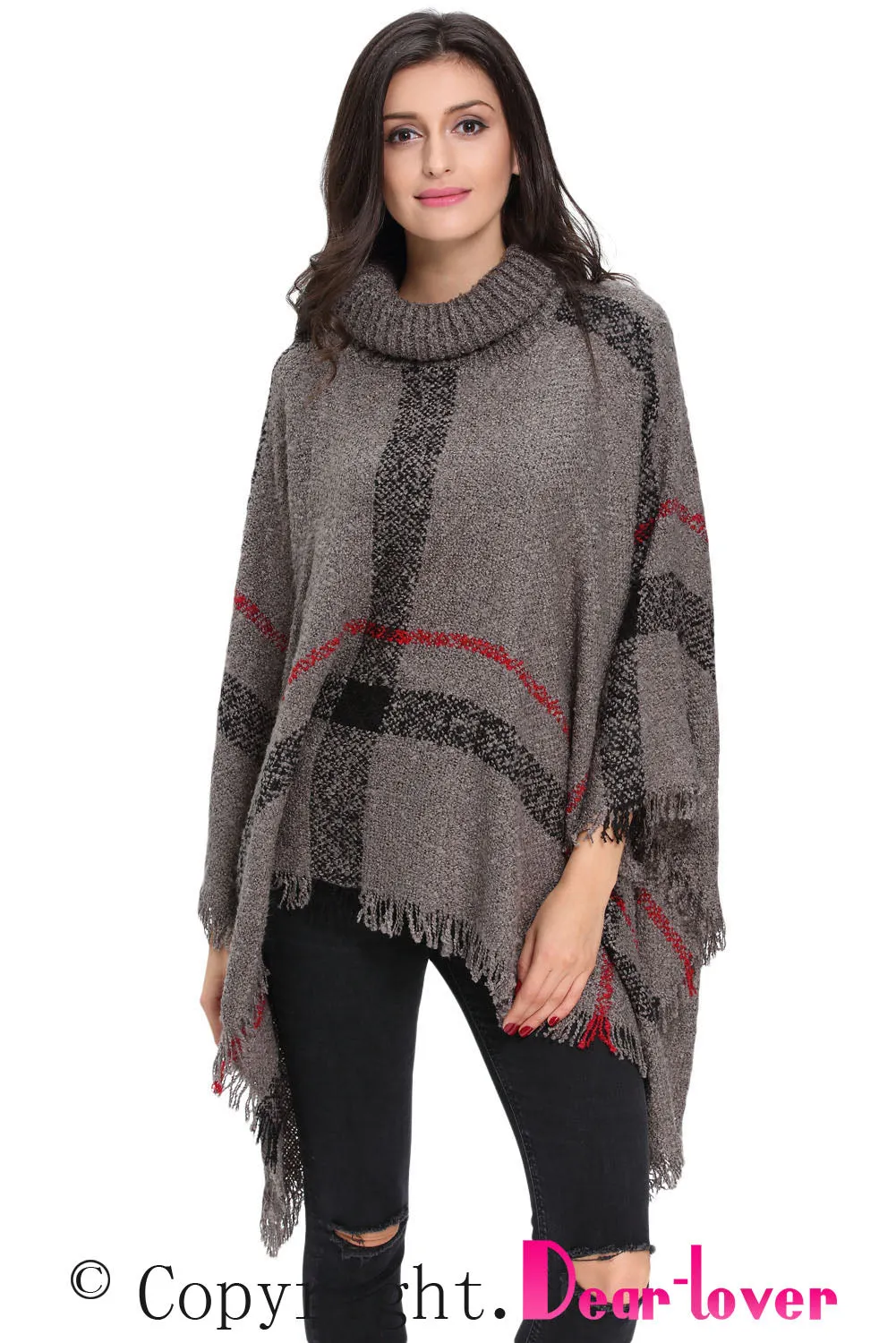 Gray Turtleneck Tassel Cape Sweater