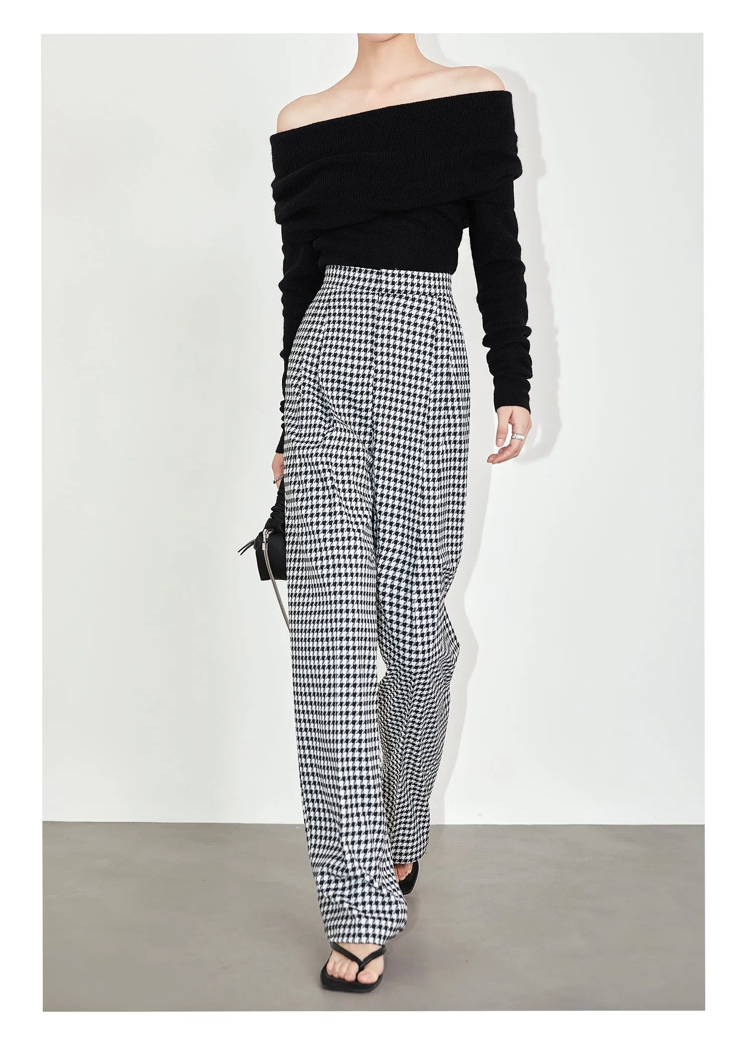 High-quality black white plaid houndstooth casual high-waist pants trouser - Tilda