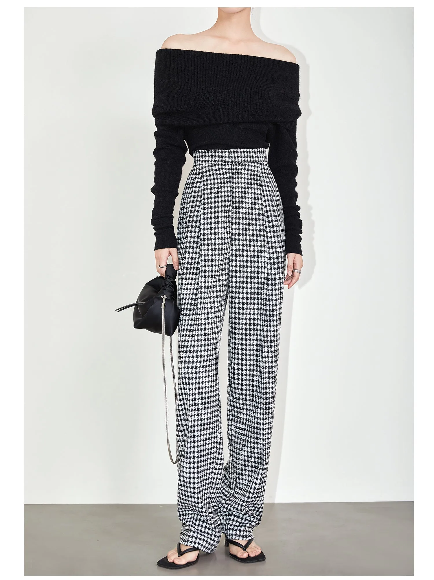 High-quality black white plaid houndstooth casual high-waist pants trouser - Tilda