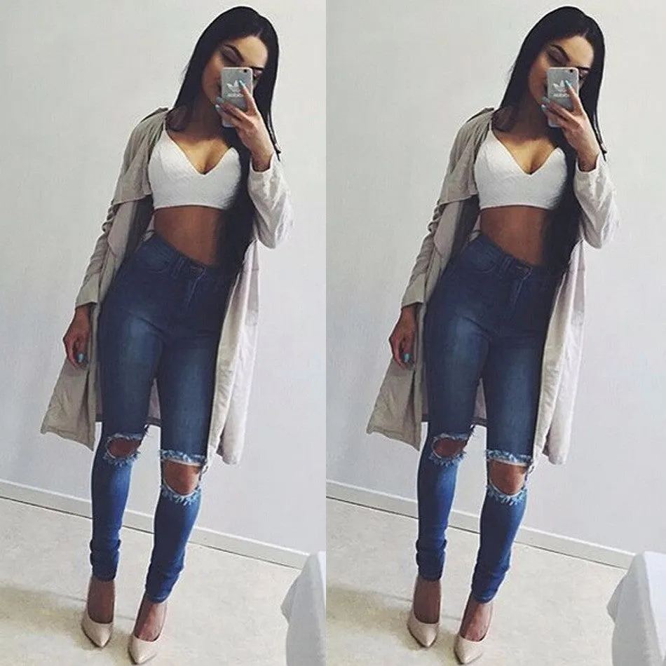High Waist Blue Holes Ripped Beggar Slim Jeans