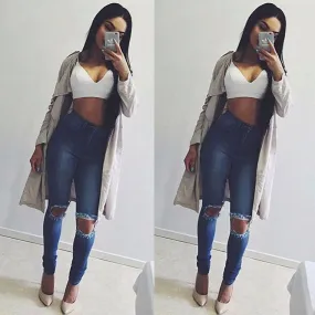 High Waist Blue Holes Ripped Beggar Slim Jeans