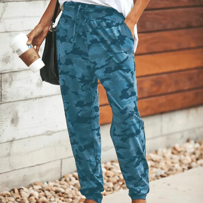 High Waist Camouflage Elastic Waist Elastic Ankle Pants