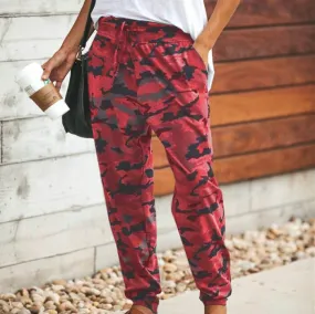 High Waist Camouflage Elastic Waist Elastic Ankle Pants