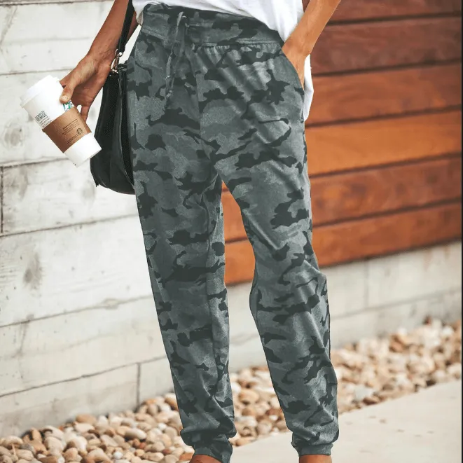 High Waist Camouflage Elastic Waist Elastic Ankle Pants
