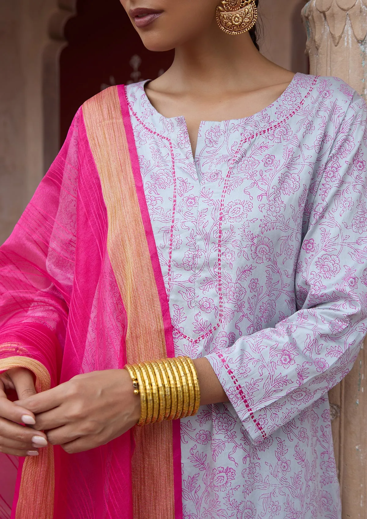 HOC Crafts Glazed Cotton Hand Block Printed with Hand Embroidery  Women's 3 PC Long Kurta Set with dupatta  - Grey