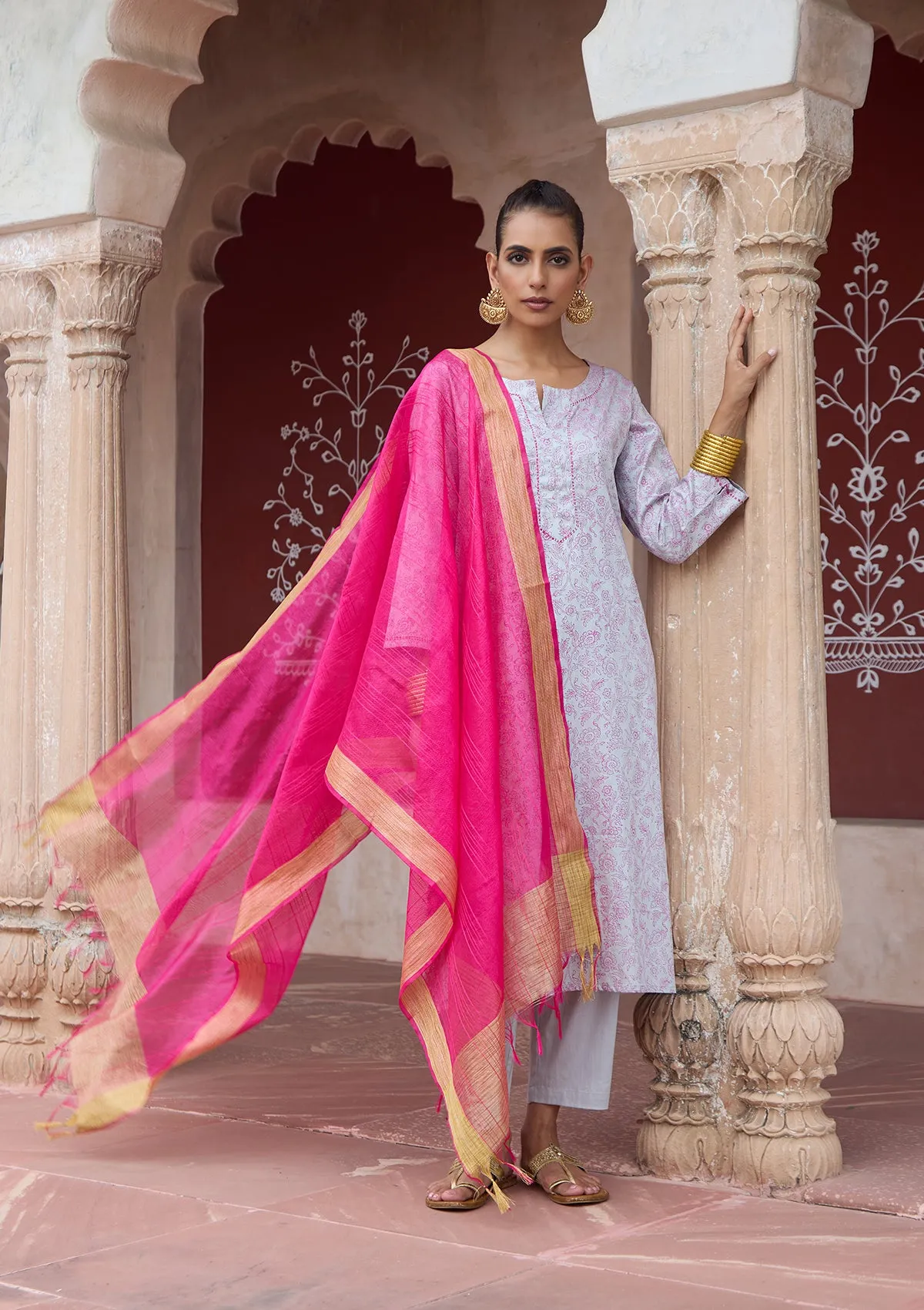 HOC Crafts Glazed Cotton Hand Block Printed with Hand Embroidery  Women's 3 PC Long Kurta Set with dupatta  - Grey