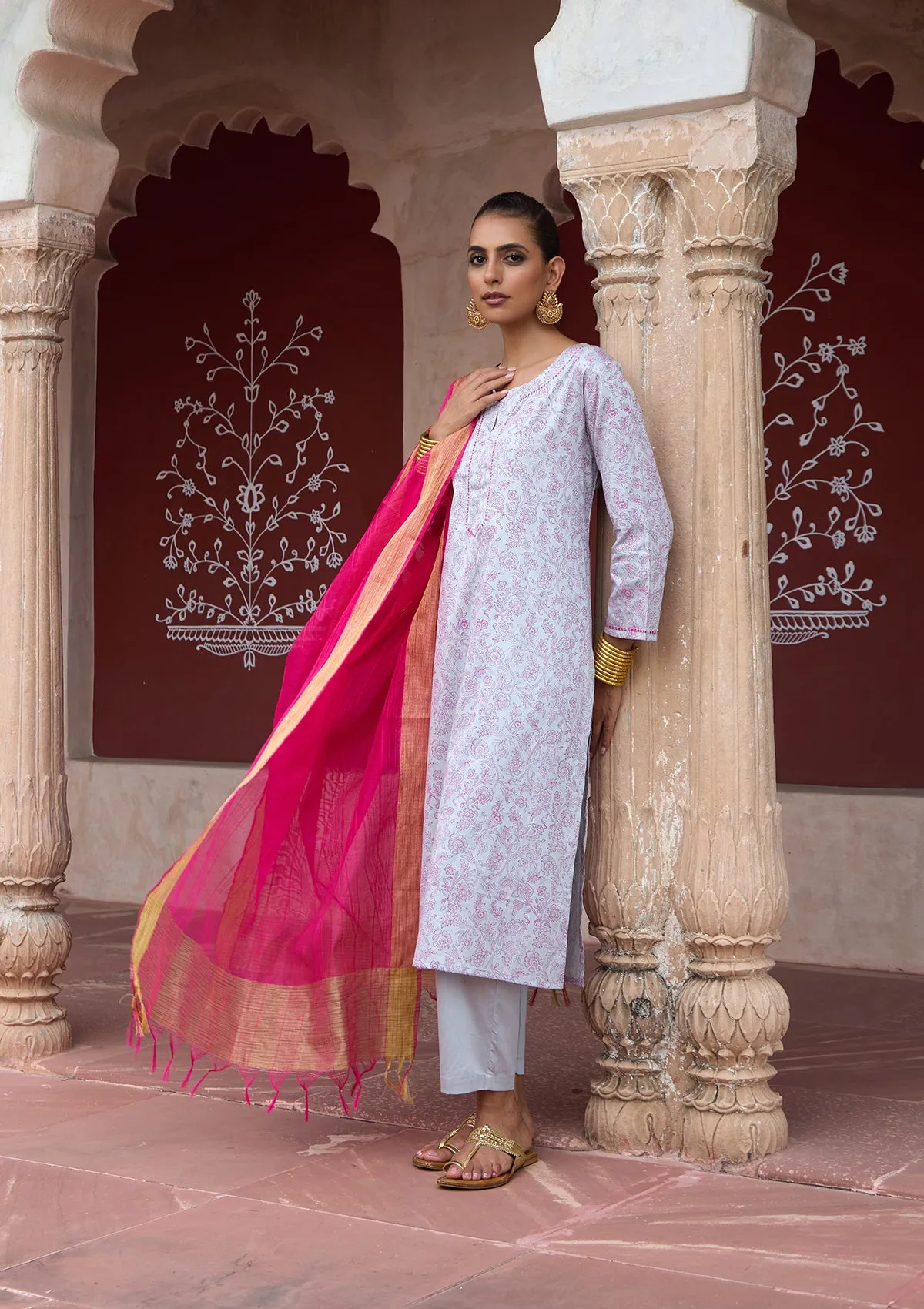 HOC Crafts Glazed Cotton Hand Block Printed with Hand Embroidery  Women's 3 PC Long Kurta Set with dupatta  - Grey