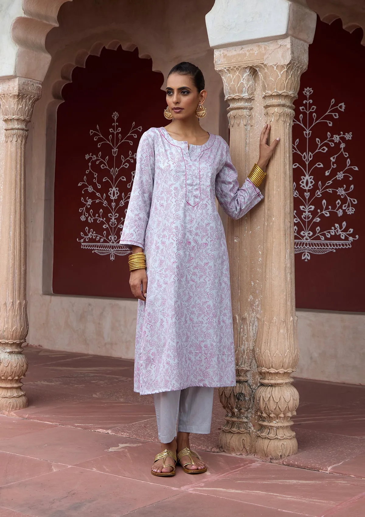 HOC Crafts Glazed Cotton Hand Block Printed with Hand Embroidery  Women's 3 PC Long Kurta Set with dupatta  - Grey