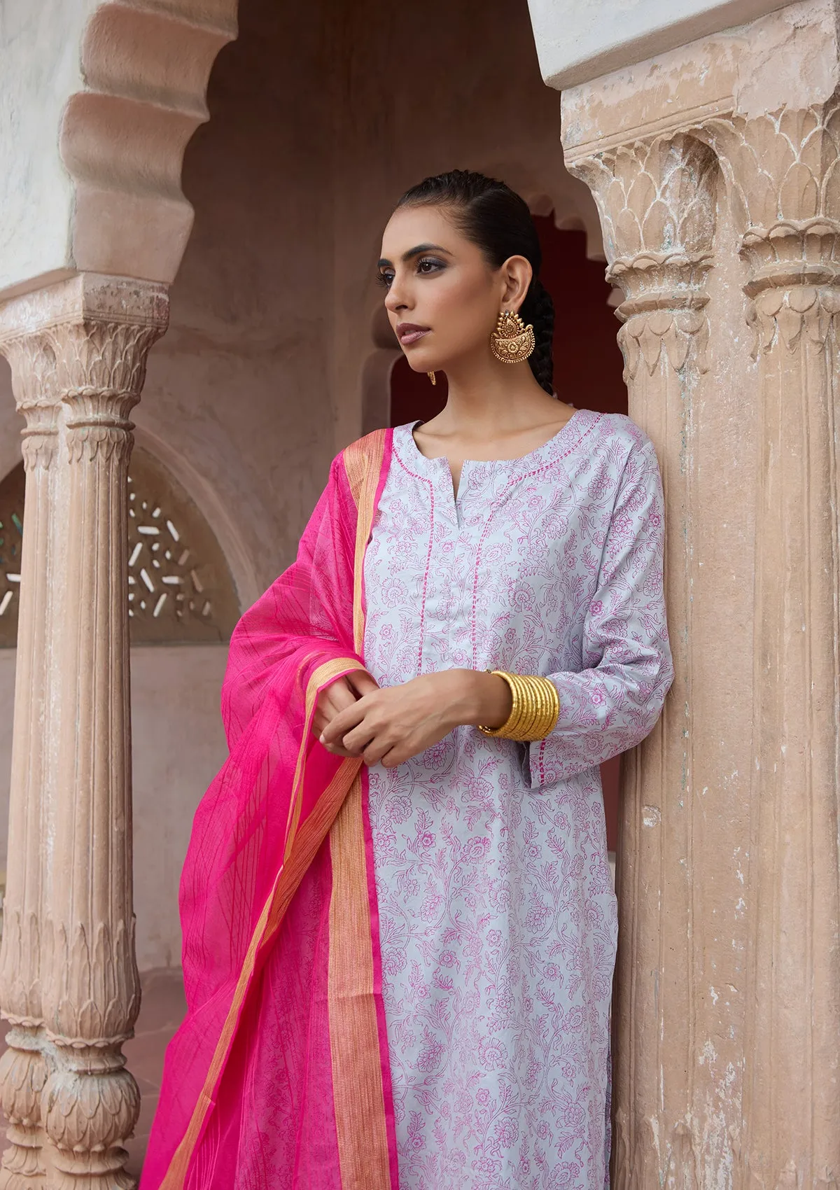 HOC Crafts Glazed Cotton Hand Block Printed with Hand Embroidery  Women's 3 PC Long Kurta Set with dupatta  - Grey
