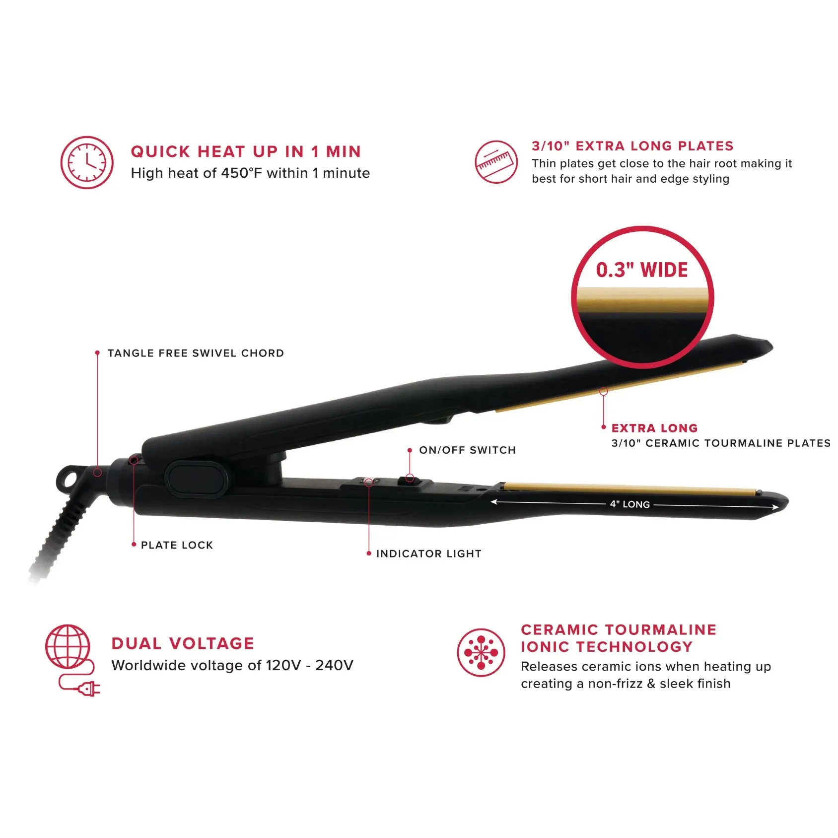 Hot & Hotter Pencil Ceramic Tourmaline Flat Iron 3/10" Black