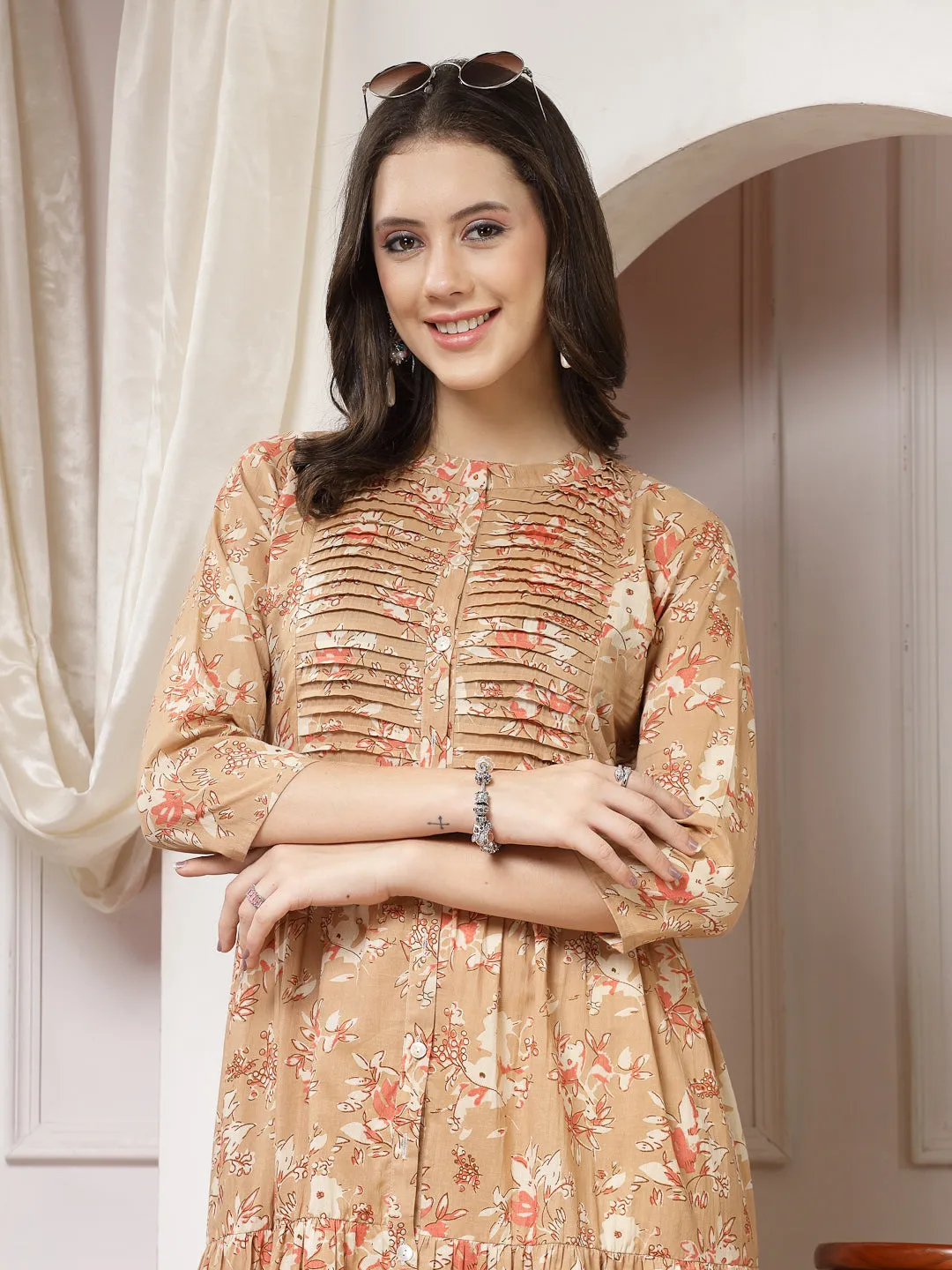 Indibelle Cotton Floral Print Flared Maxi Dress (Brown)