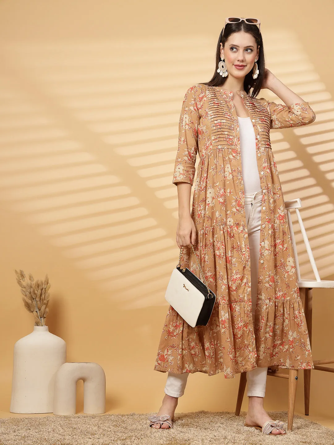 Indibelle Cotton Floral Print Flared Maxi Dress (Brown)
