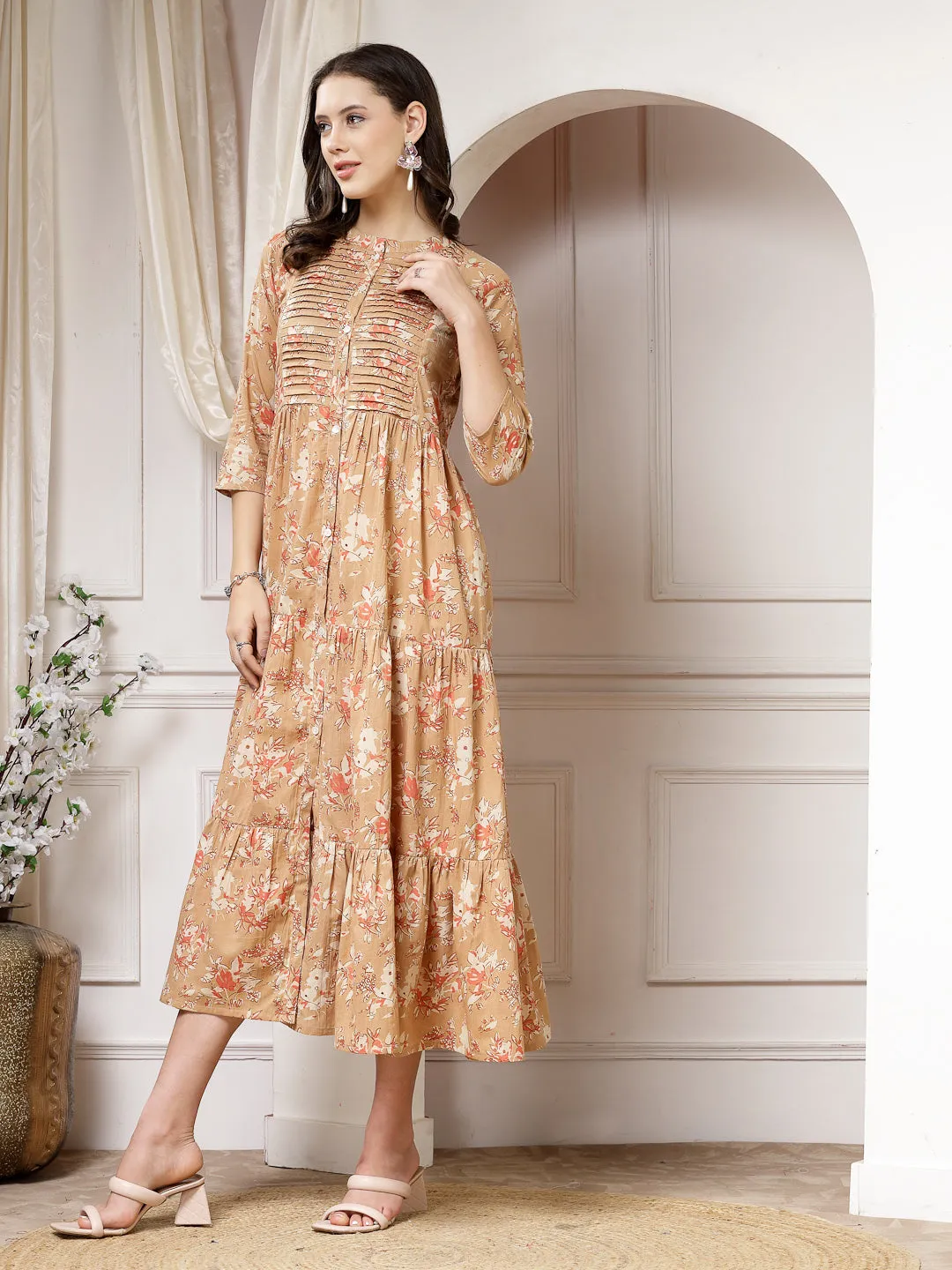 Indibelle Cotton Floral Print Flared Maxi Dress (Brown)