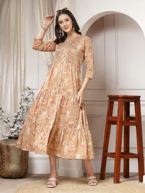 Indibelle Cotton Floral Print Flared Maxi Dress (Brown)