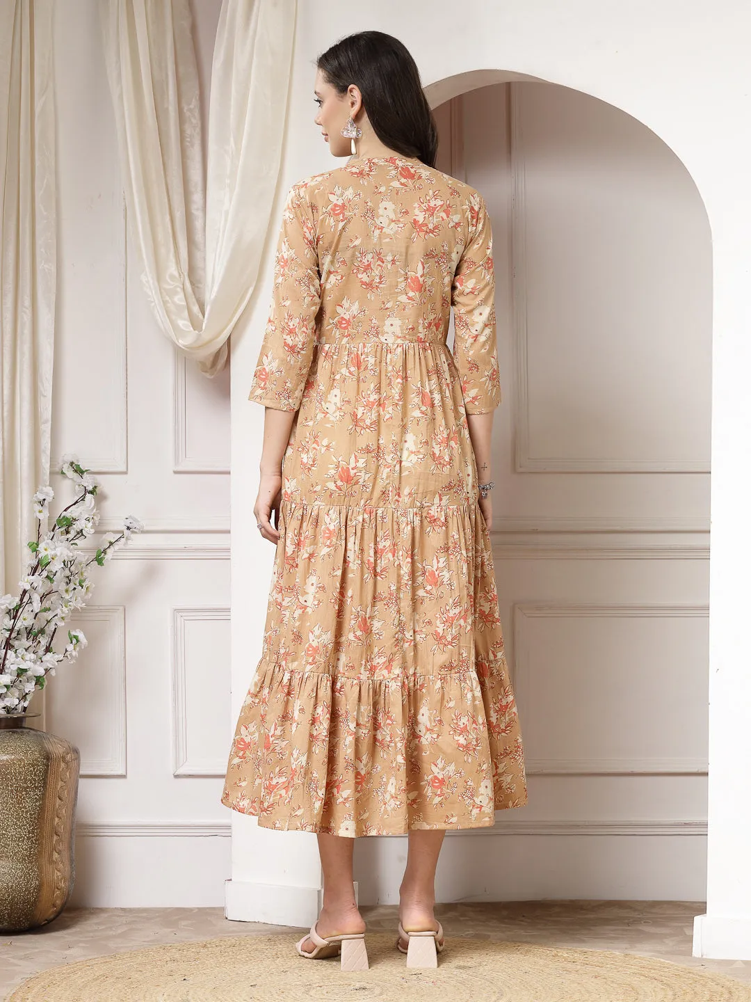 Indibelle Cotton Floral Print Flared Maxi Dress (Brown)