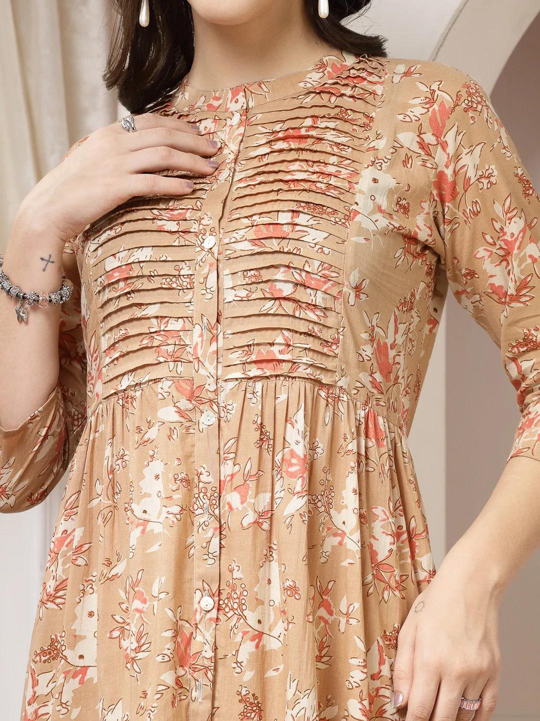 Indibelle Cotton Floral Print Flared Maxi Dress (Brown)