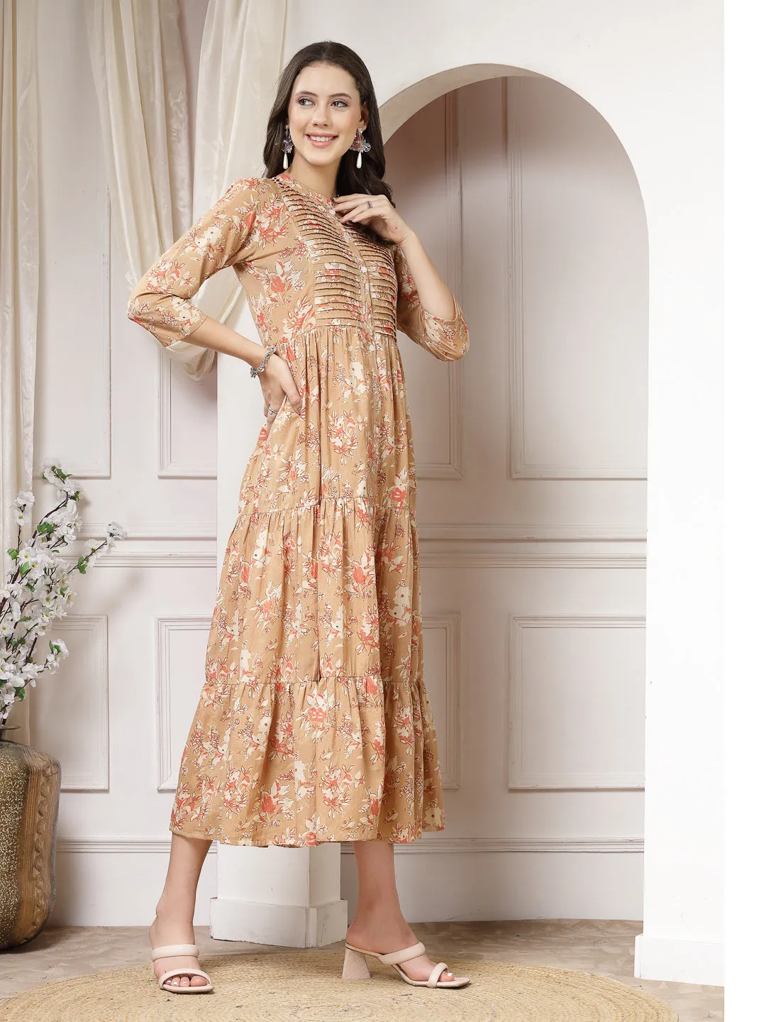 Indibelle Cotton Floral Print Flared Maxi Dress (Brown)
