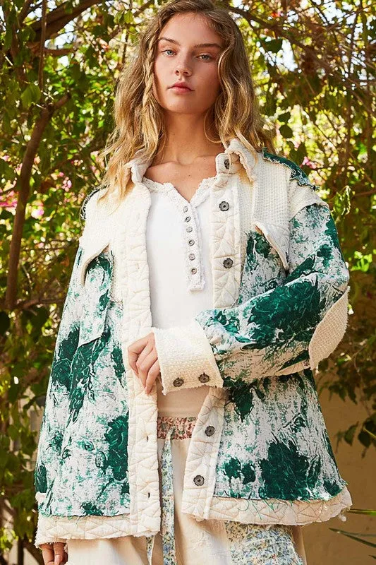 Jacquard Patch Quilted Jacket in Ocean Green