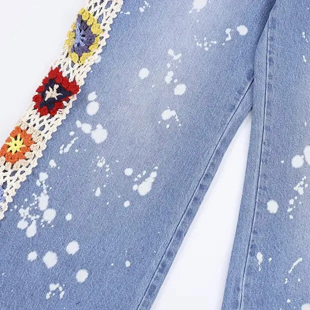 Knitted Flower Ripped Jeans