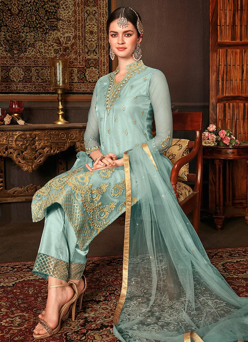 Light Blue Embroidered Pakistani Pants Suit