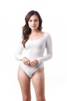 Long Sleeve Plain Solid Scoop Neck Thong Snap Button Bottom Closure Bodysuit