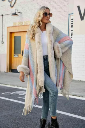 Luxurious Feel Fringe Faux Fur Trim Poncho