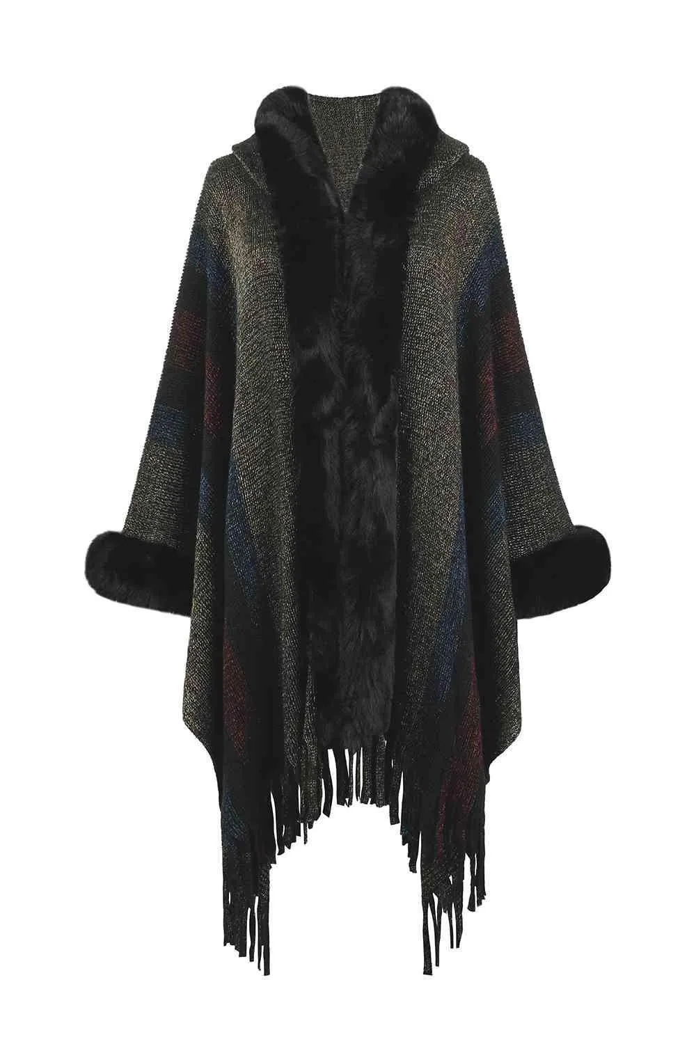Luxurious Feel Fringe Faux Fur Trim Poncho