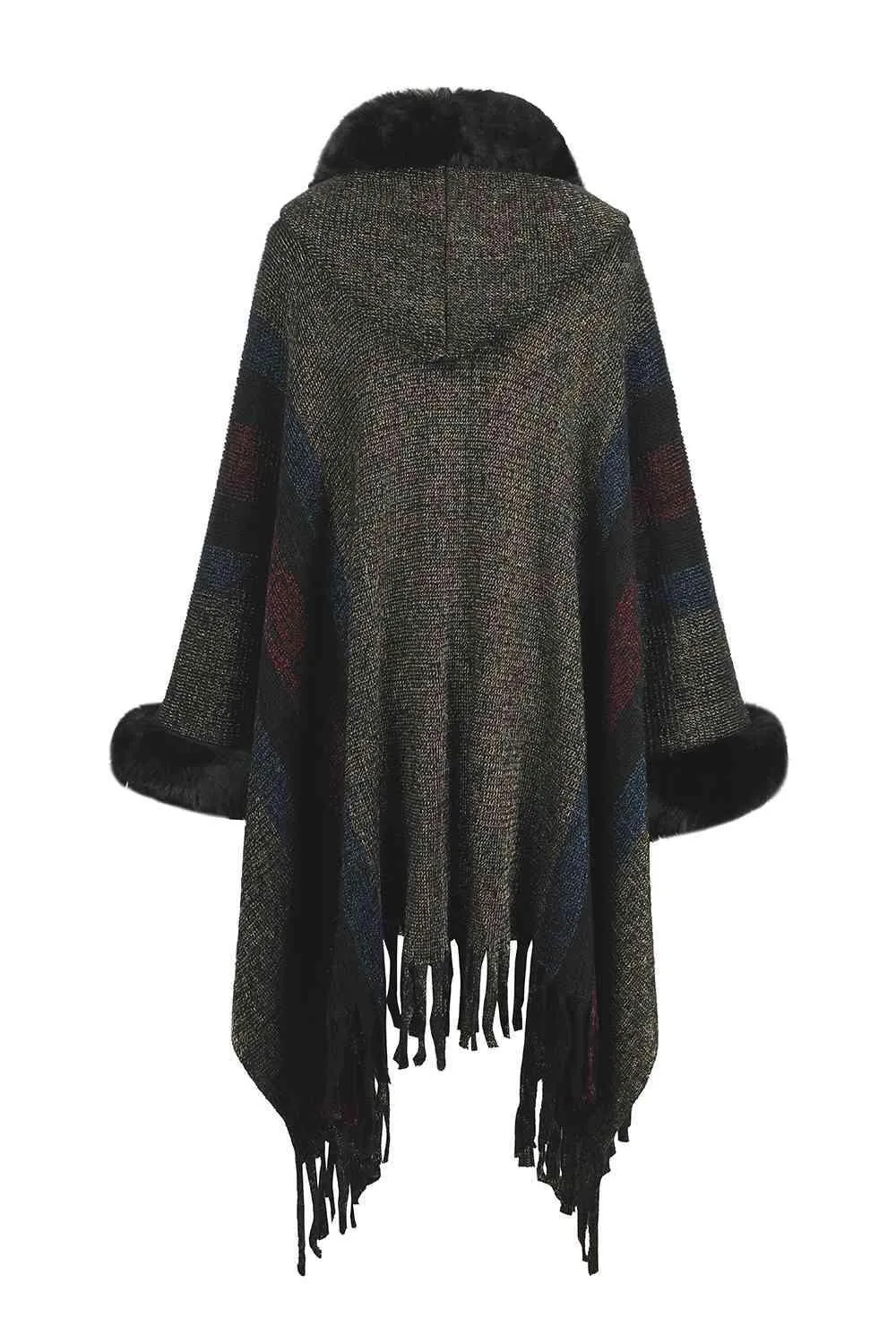 Luxurious Feel Fringe Faux Fur Trim Poncho