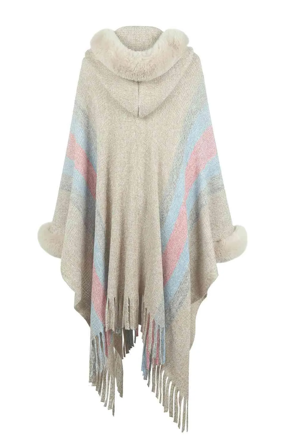 Luxurious Feel Fringe Faux Fur Trim Poncho