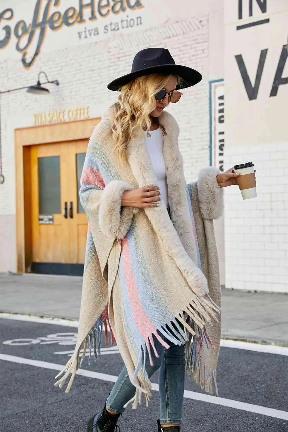 Luxurious Feel Fringe Faux Fur Trim Poncho