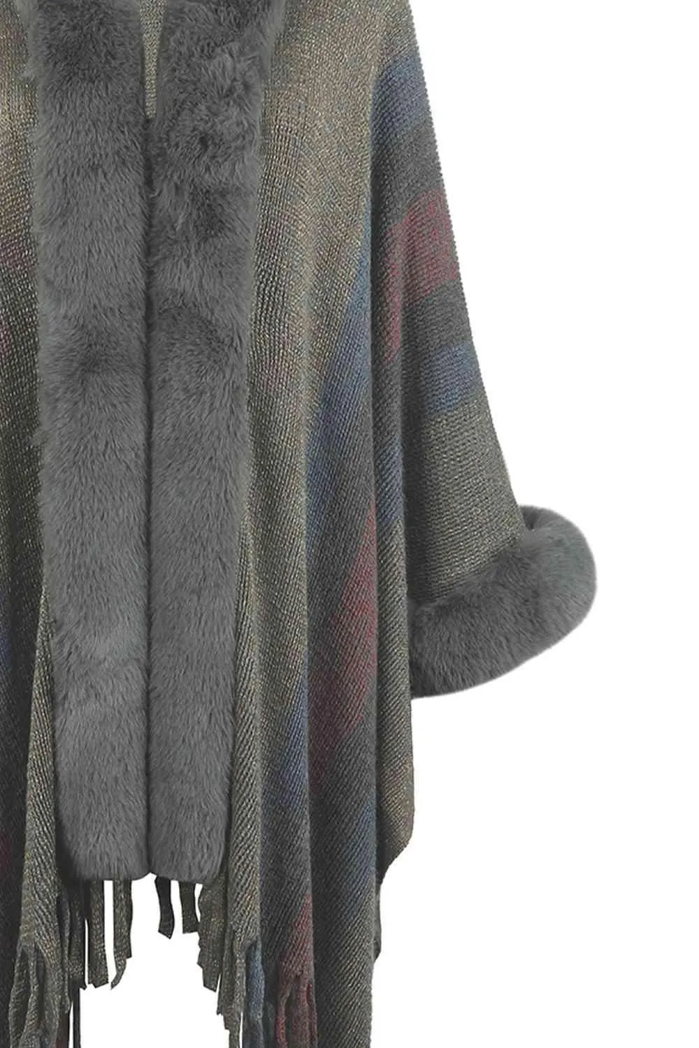 Luxurious Feel Fringe Faux Fur Trim Poncho