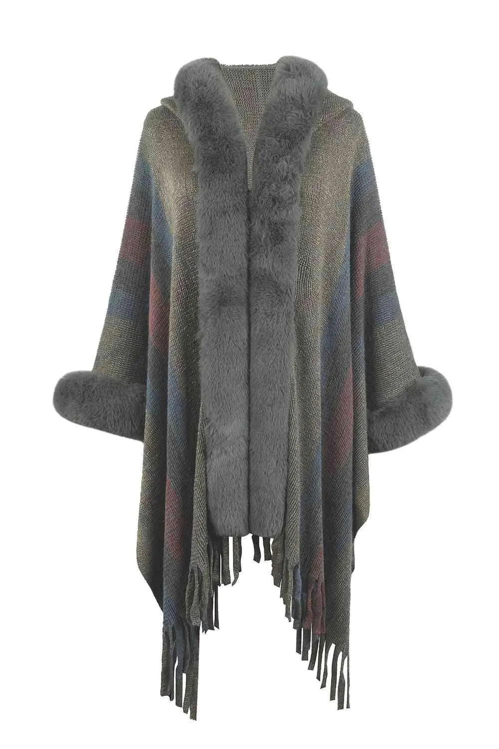 Luxurious Feel Fringe Faux Fur Trim Poncho