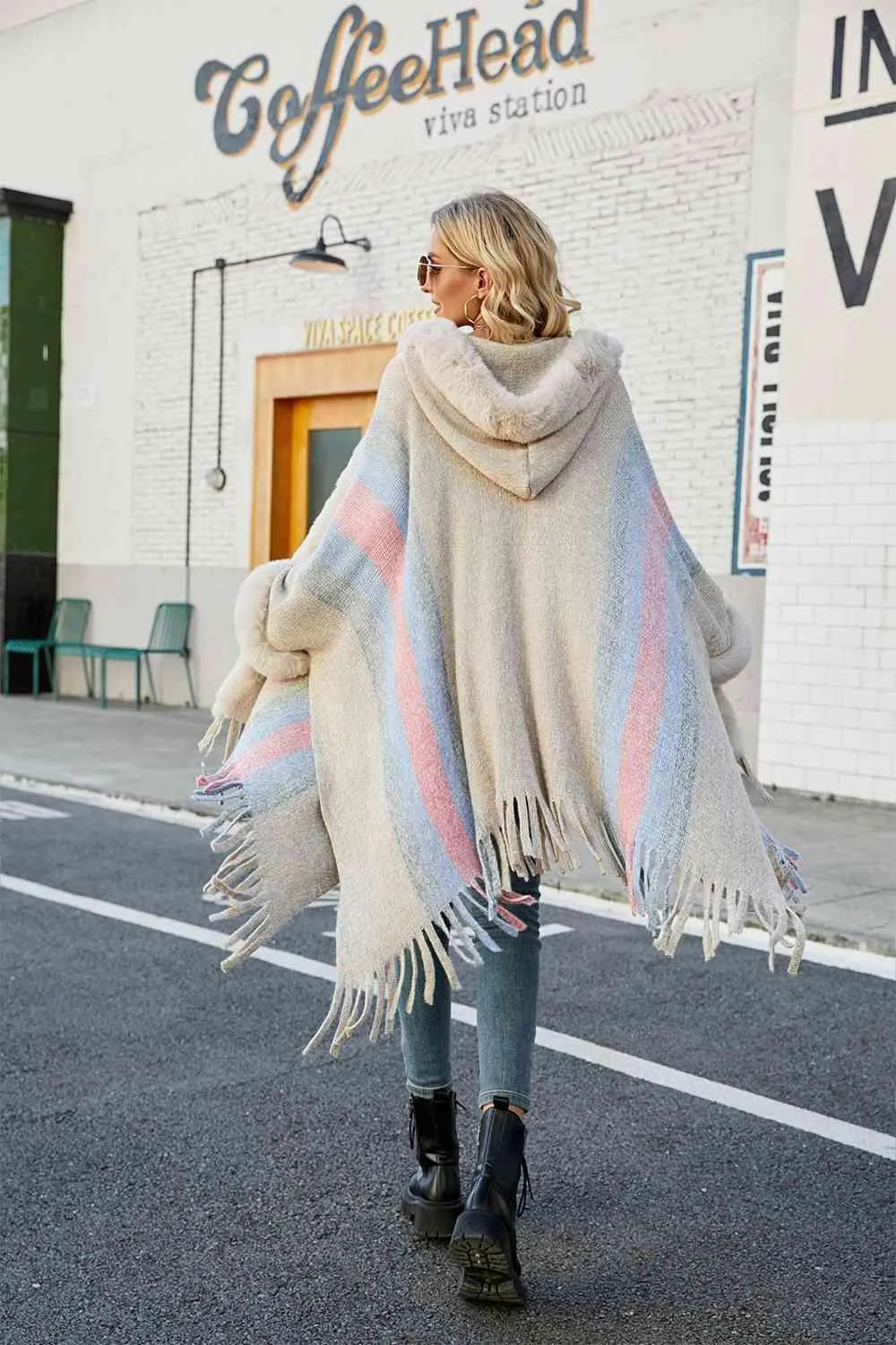 Luxurious Feel Fringe Faux Fur Trim Poncho