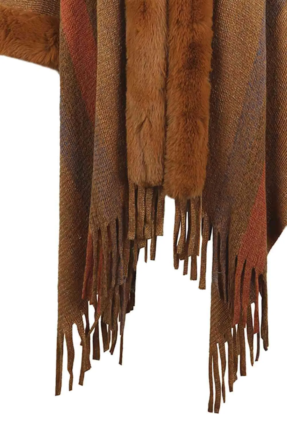 Luxurious Feel Fringe Faux Fur Trim Poncho
