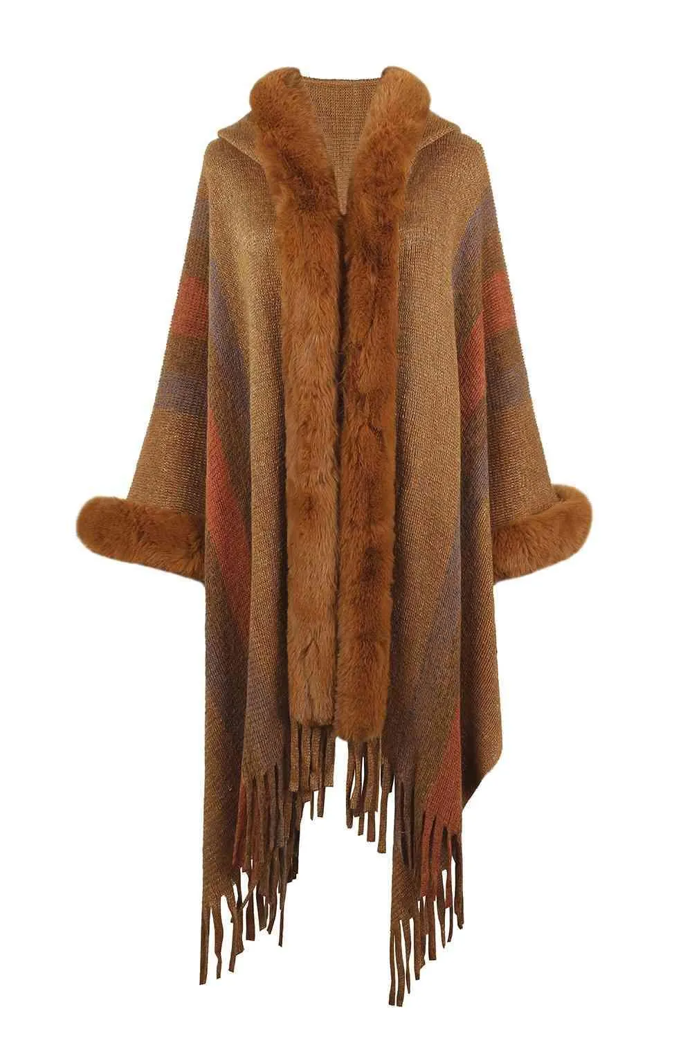Luxurious Feel Fringe Faux Fur Trim Poncho