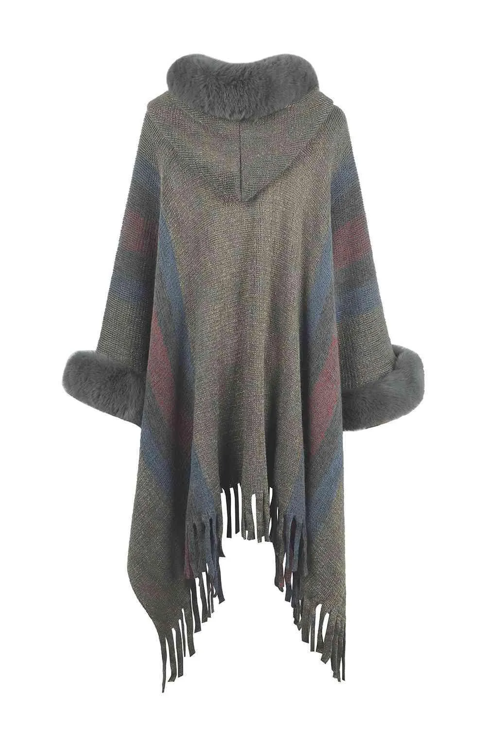 Luxurious Feel Fringe Faux Fur Trim Poncho