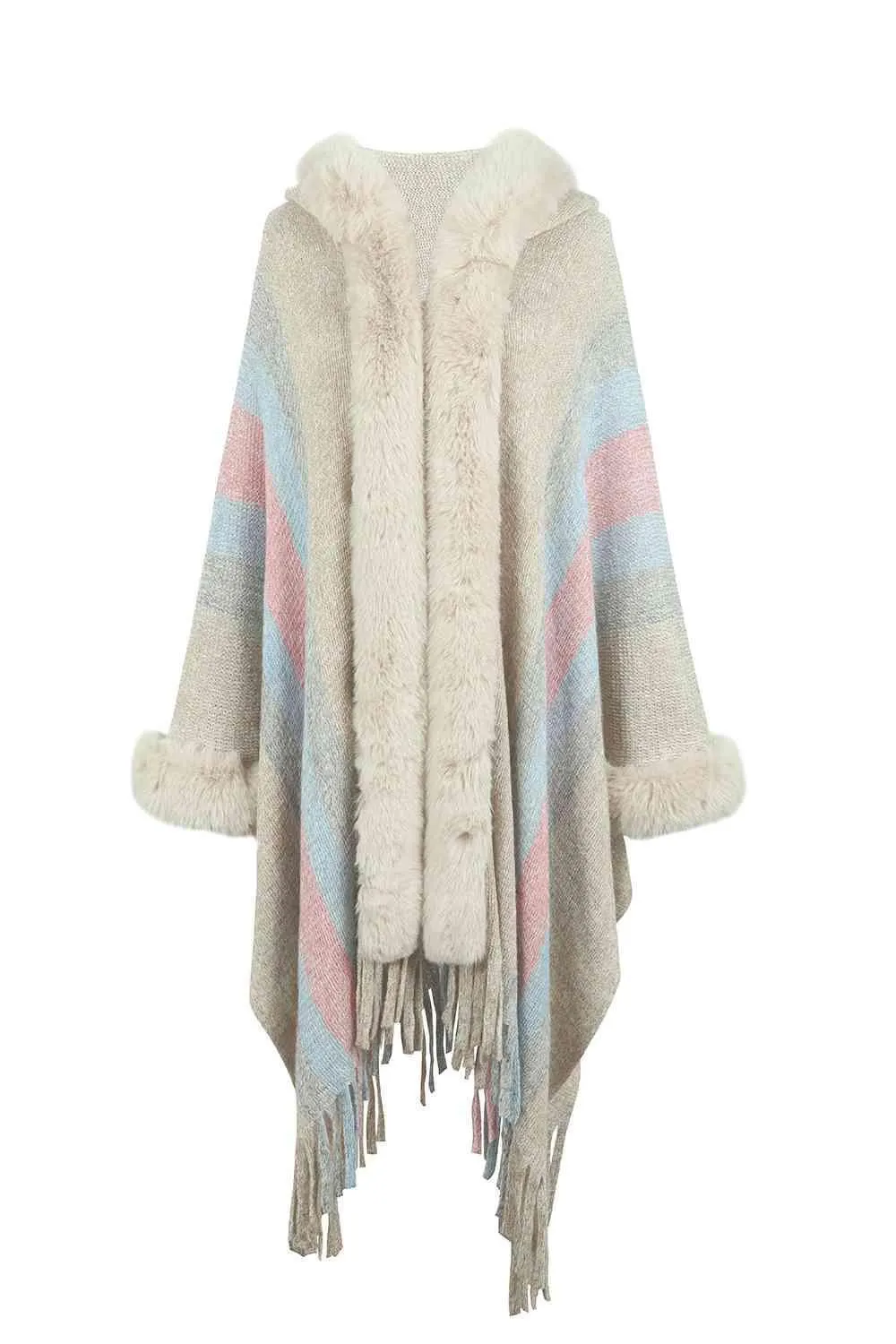 Luxurious Feel Fringe Faux Fur Trim Poncho