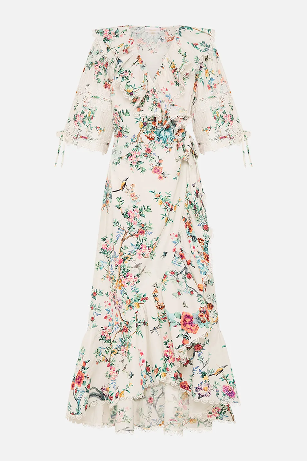 MAXI WRAP DRESS WITH PUFF SLEEVE PLUMES AND PARTERRES