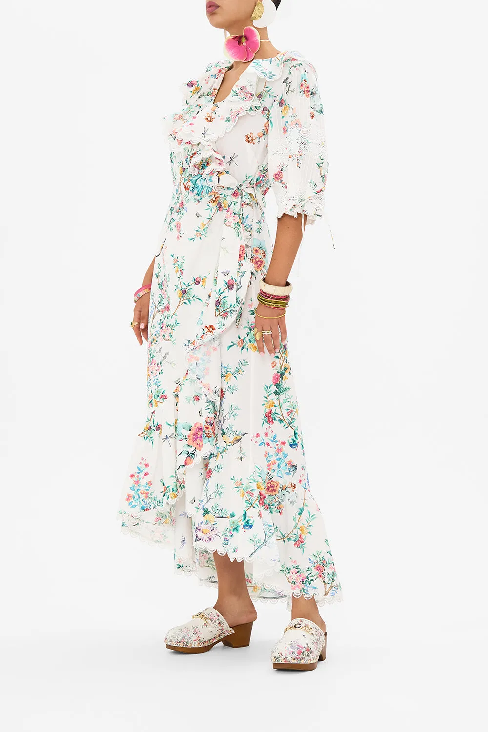 MAXI WRAP DRESS WITH PUFF SLEEVE PLUMES AND PARTERRES