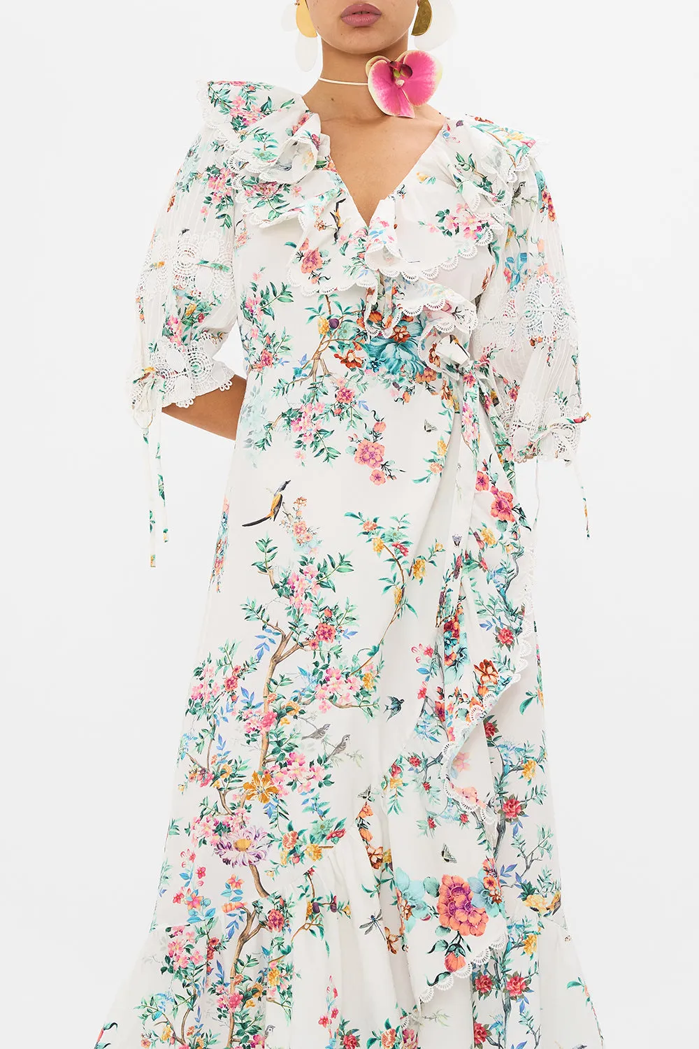 MAXI WRAP DRESS WITH PUFF SLEEVE PLUMES AND PARTERRES