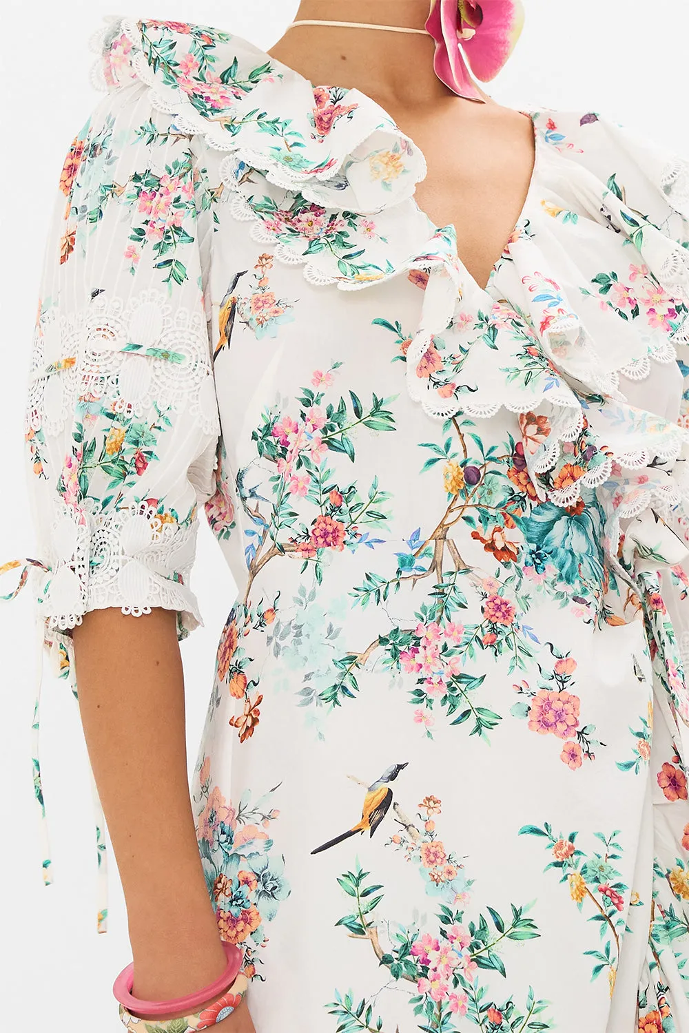 MAXI WRAP DRESS WITH PUFF SLEEVE PLUMES AND PARTERRES