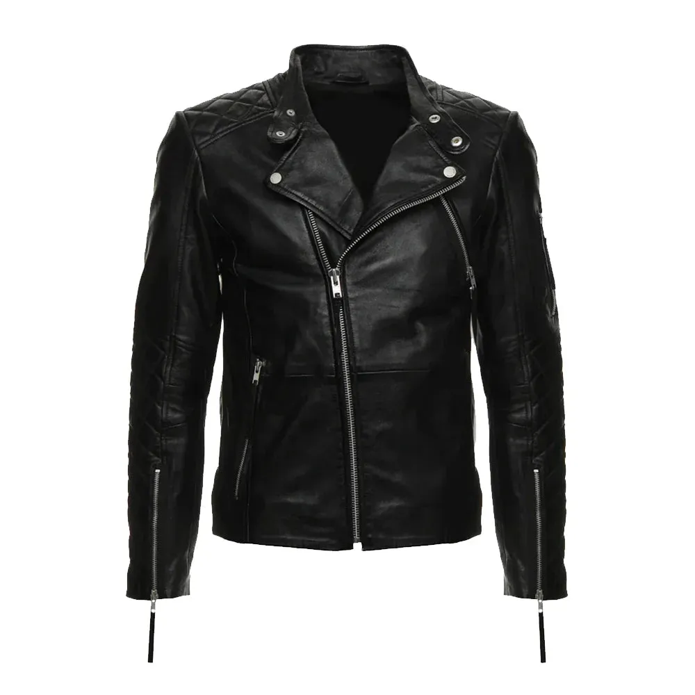 Men's Asymmetrical Black Quilted Leather Moto Jacket