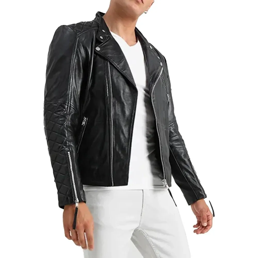 Men's Asymmetrical Black Quilted Leather Moto Jacket