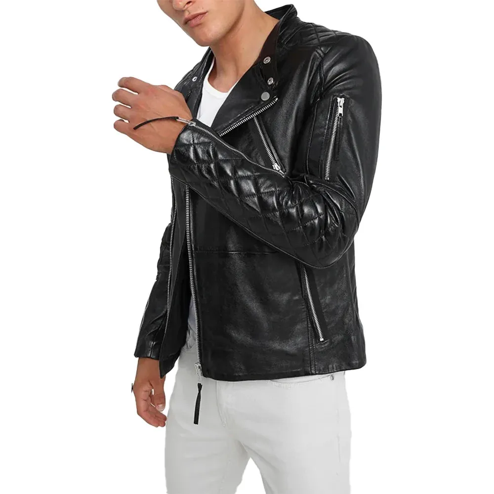 Men's Asymmetrical Black Quilted Leather Moto Jacket