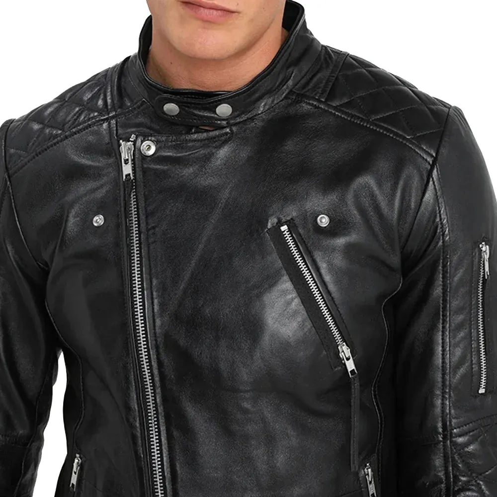 Men's Asymmetrical Black Quilted Leather Moto Jacket