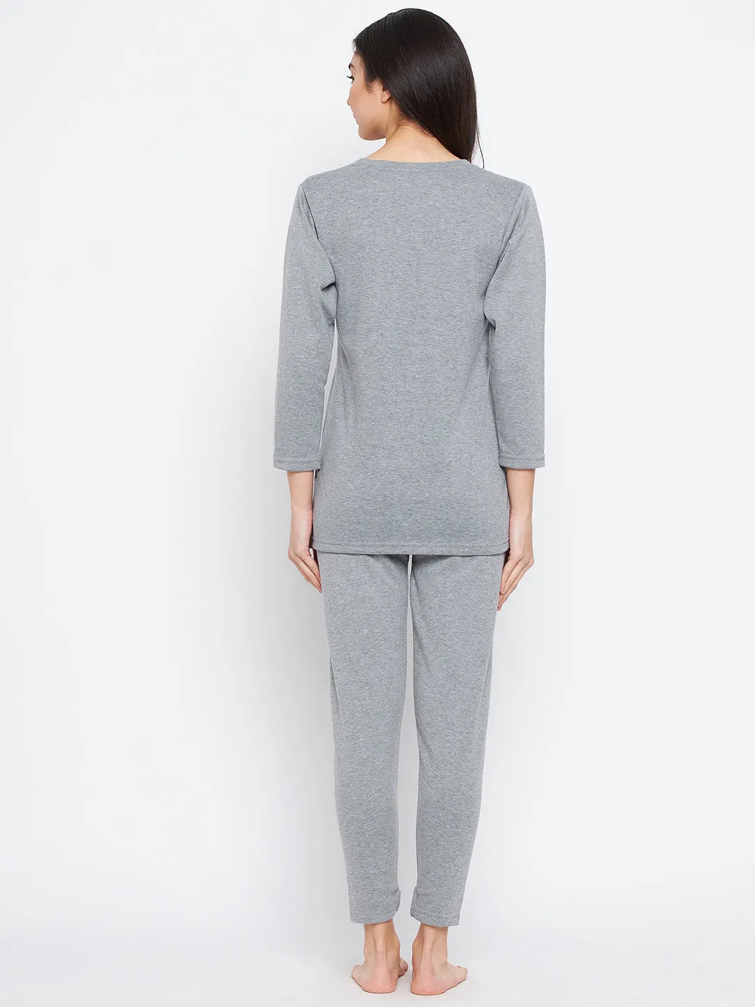 Neva Women Round Neck 3/4 Sleeve Thermal Upper & Bottom Set- Milange Grey (Glaccia)