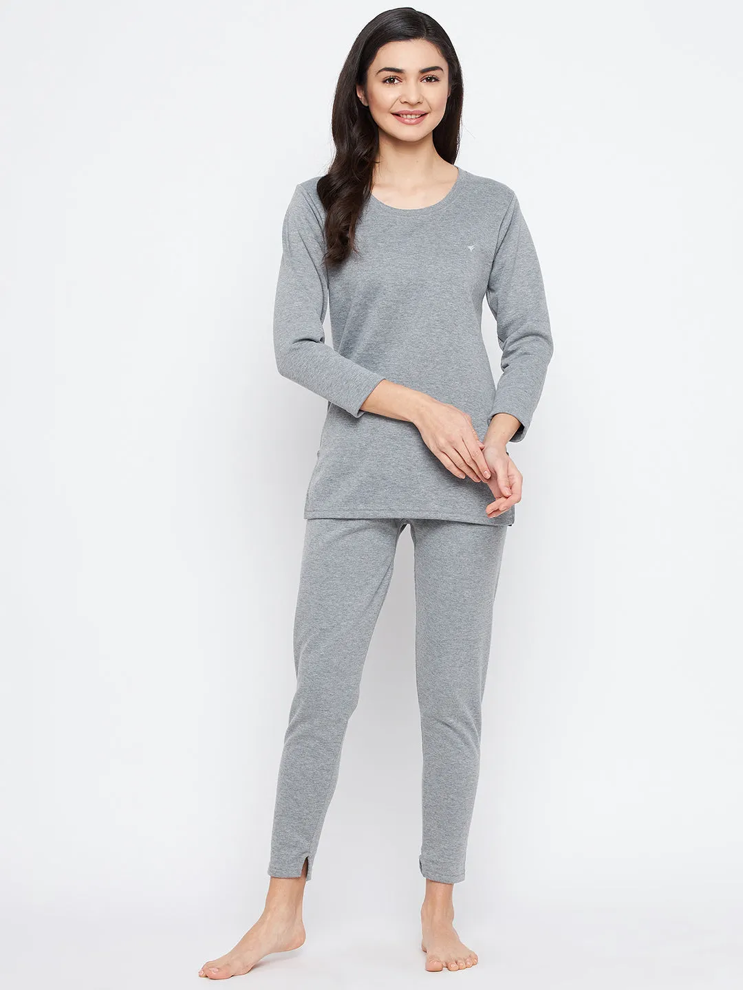 Neva Women Round Neck 3/4 Sleeve Thermal Upper & Bottom Set- Milange Grey (Glaccia)