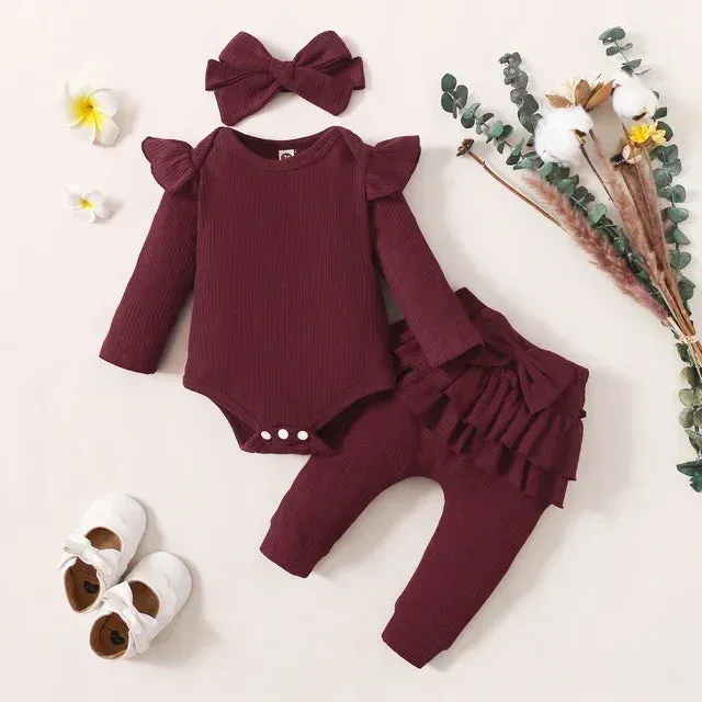 Newborn Girl 3PCS Set Ribbed Bodysuit