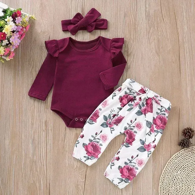 Newborn Girl 3PCS Set Ribbed Bodysuit